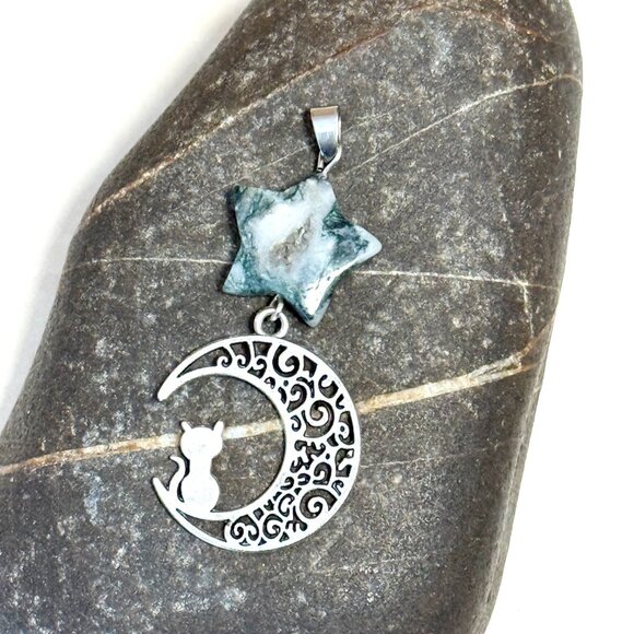 2/$20, Genuine White Green Tree Agate Star & Silver Cat on the Moon Pendant - Picture 5 of 11